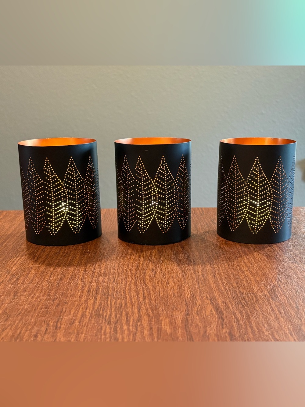 Set of 3 Crate & Barrel Copper Hurricane Mini 4” Leaf Pattern Candle Holders